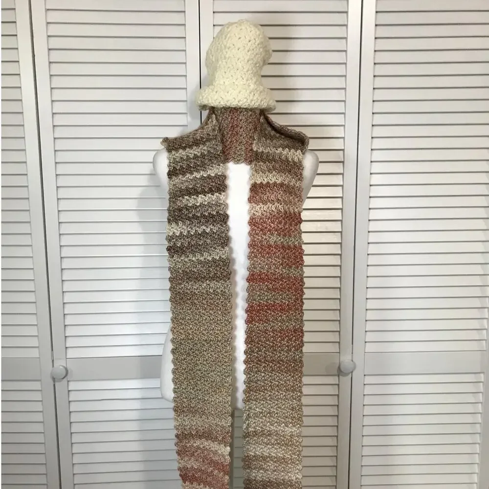 NWT Handmade Crocheted Cream Multicolor Textured Adult Beanie Scarf 80”